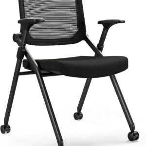 Foldable Office Chair with PU Wheels and Smooth Armrest-Ergonomic Mesh Bouncing Back, Stackable Conference Room Chair, Office Guest & Reception & Meeting Chair (Black)