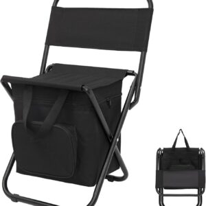 Portable Fishing Chair, Lightweight Backrest Stool Compact Folding Chair with Cooler Bag for Outdoors Hiking Hunting Travel, Supports 265 Lbs (Black)