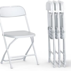 4 PACK White Foldable Plastic Chair | Folding & Stackable | 350 lbs Capacity Steel Frame Seats for Indoor Outdoor | Commercial Use Events Wedding Party Events Bulk Picnic Kitchen Dining