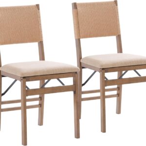 Natural Folding Chair with Rope Back and Linen Upholstered Seat Set of 2
