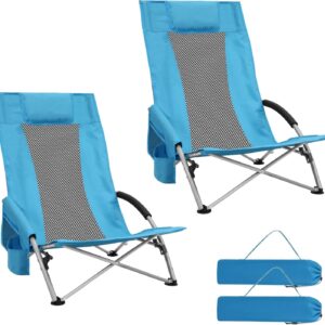 High Back Beach Chairs,2Pack Protable Folding Chair for Adults,Foding Camping Chairs with Carry Bag Cup Holder for Beach,Fishing Outside（Bue）