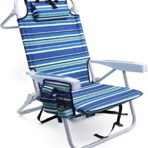Beach Chairs for Adults Heavy Duty, Compact Portable Lay Flat Folding Chair with Backpack Straps and Large Cooler Pouch, Support to 350LBS (Stripes_Blue&Cyan)