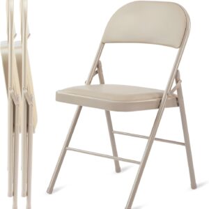 2 Pack Folding Chairs with Leather Padded Cushion Seats & Durable Metal Frame, Comfortable, Foldable, Portable, Commercial Event Seat, Indoor Outdoor for Parties, Home, Office, Kahki
