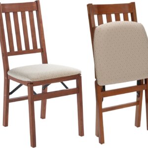 Wooden Folding Chairs with Padded Seats, Set of 2 - No Assembly Foldable Dining Chairs, Steel Folding Mechanism, Upholstered Cushion, Space-Saving, Fruitwood Frame