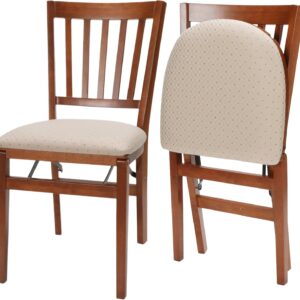 Wooden Folding Chairs with Padded Seats, Set of 2 - No Assembly Foldable Dining Chairs, Steel Folding Mechanism, Upholstered Cushion, Space-Saving, Fruitwood Frame