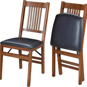 Wooden Folding Chairs with Padded Seats, Set of 2 - No Assembly Foldable Dining Chairs, Steel Folding Mechanism, Upholstered Cushion, Space-Saving, Fruitwood Frame
