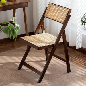 Wooden Rattan Folding Chairs Portable Save Space Kitchen Dining Chair for Balcony Living Room, with Mesh Elastic Seat and Curved Back, 400LBS,1 Pack